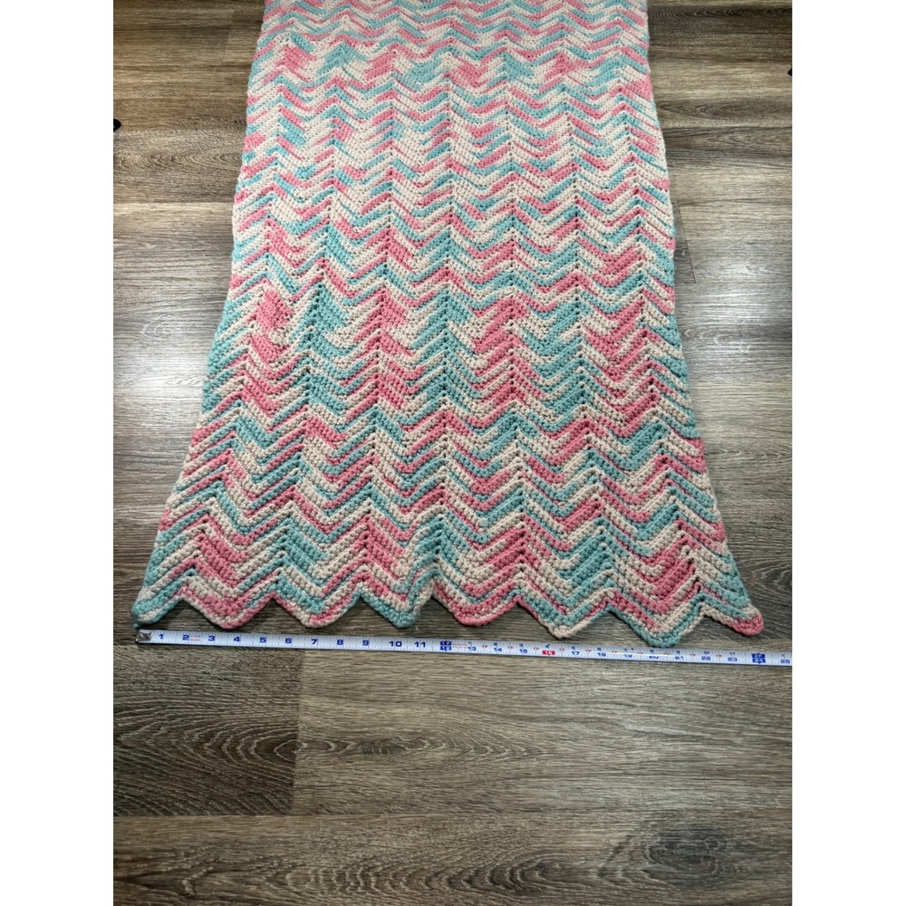 Handmade Crochet Baby Blanket Pink Teal Cream Chevron Ripple Zig Zag Throw 24x45 - Picture 2 of 3